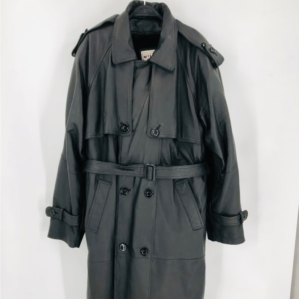 Designer Wilda Black Leather Mens Double Breasted  Belted Trench Coat Jacket S